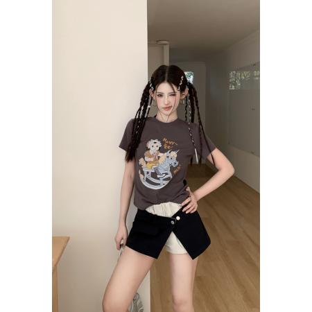 BY12700# 夏季趣味摇摆木马做旧印花圆领修身短袖短款T恤修身上衣 服裝批發女裝批發服飾貨源