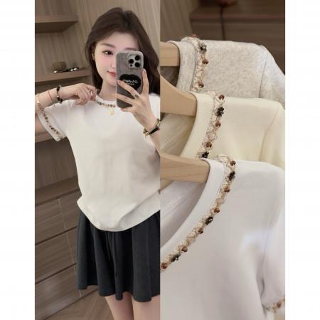 BY12703# 韩版宽松休闲短袖t恤女夏季新中式国风串珠半袖洋气漂亮小衫 服裝批發女裝批發服飾貨源