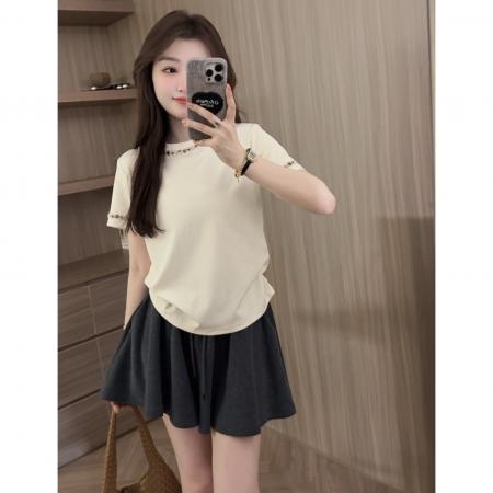 BY12703# 韩版宽松休闲短袖t恤女夏季新中式国风串珠半袖洋气漂亮小衫 服裝批發女裝批發服飾貨源