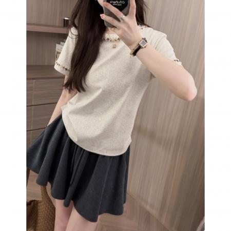 BY12703# 韩版宽松休闲短袖t恤女夏季新中式国风串珠半袖洋气漂亮小衫 服裝批發女裝批發服飾貨源