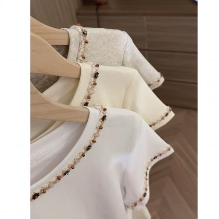 BY12703# 韩版宽松休闲短袖t恤女夏季新中式国风串珠半袖洋气漂亮小衫 服裝批發女裝批發服飾貨源