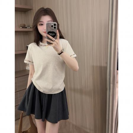 BY12703# 韩版宽松休闲短袖t恤女夏季新中式国风串珠半袖洋气漂亮小衫 服裝批發女裝批發服飾貨源