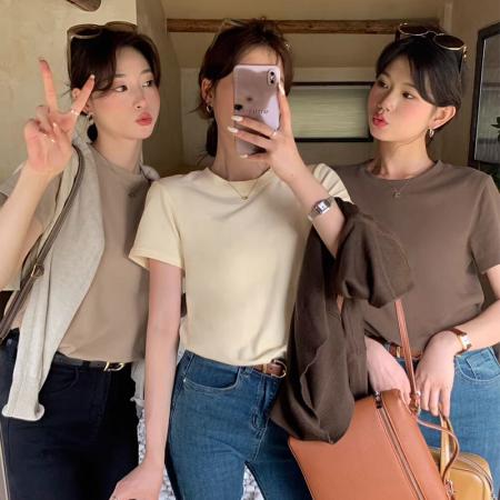 复古港味chic纯色短袖T恤女夏季正肩圆领多巴胺上衣百搭显瘦体恤 服裝批發女裝批發服飾貨源