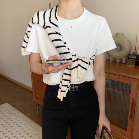 BY12704# 复古港味chic纯色短袖T恤女夏季正肩圆领多巴胺上衣百搭显瘦体恤 服裝批發女裝批發服飾貨源