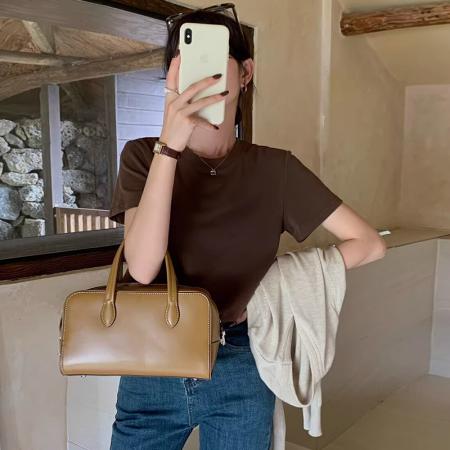 BY12704# 复古港味chic纯色短袖T恤女夏季正肩圆领多巴胺上衣百搭显瘦体恤 服裝批發女裝批發服飾貨源