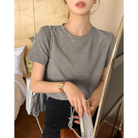BY12704# 复古港味chic纯色短袖T恤女夏季正肩圆领多巴胺上衣百搭显瘦体恤 服裝批發女裝批發服飾貨源