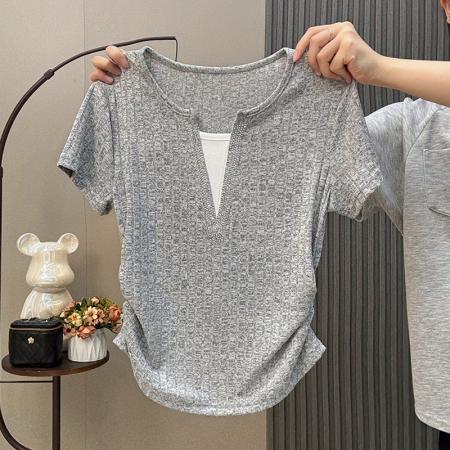 超柔软针织短袖t恤女夏季假两件拼接烫钻半袖洋气漂亮小衫潮 服裝批發女裝批發服飾貨源