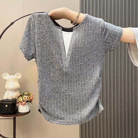 BY12705# 超柔软针织短袖t恤女夏季假两件拼接烫钻半袖洋气漂亮小衫潮 服裝批發女裝批發服飾貨源