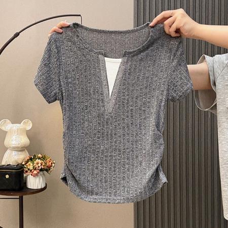 BY12705# 超柔软针织短袖t恤女夏季假两件拼接烫钻半袖洋气漂亮小衫潮 服裝批發女裝批發服飾貨源