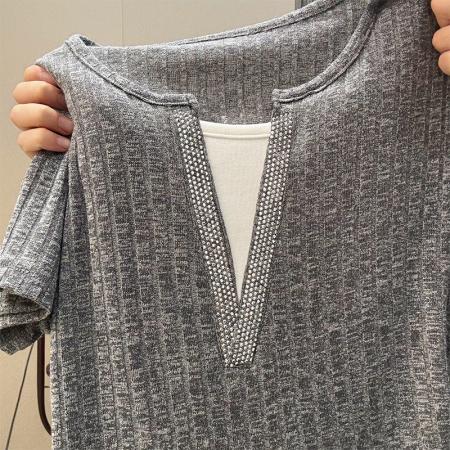 BY12705# 超柔软针织短袖t恤女夏季假两件拼接烫钻半袖洋气漂亮小衫潮 服裝批發女裝批發服飾貨源