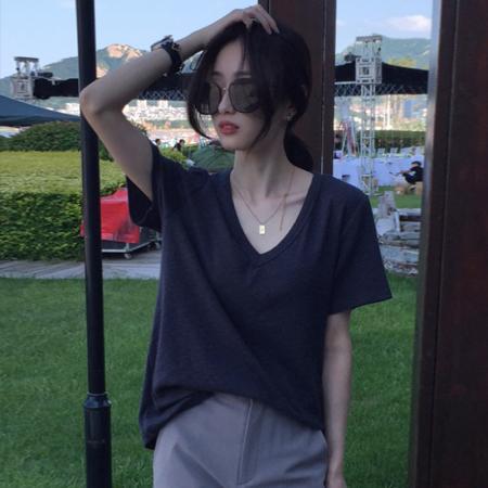 BY12706# 竹节纯棉V领短袖T恤女夏季新款宽松休闲半袖韩版显瘦内搭上衣 服裝批發女裝批發服飾貨源