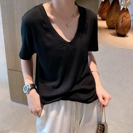BY12706# 竹节纯棉V领短袖T恤女夏季新款宽松休闲半袖韩版显瘦内搭上衣 服裝批發女裝批發服飾貨源