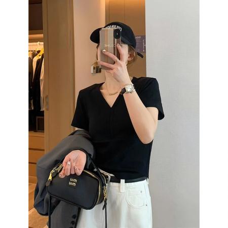 BY12707# 正肩短款V领短袖t恤女夏季新款高级感不规则半袖显瘦百搭上衣 服裝批發女裝批發服飾貨源