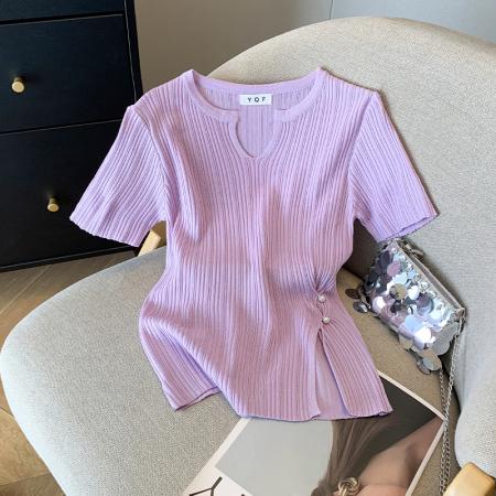 BY12708# 大货夏季新款设计感修身款纯欲风短袖T恤冰丝针织衫女 服裝批發女裝批發服飾貨源