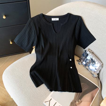 BY12708# 大货夏季新款设计感修身款纯欲风短袖T恤冰丝针织衫女 服裝批發女裝批發服飾貨源