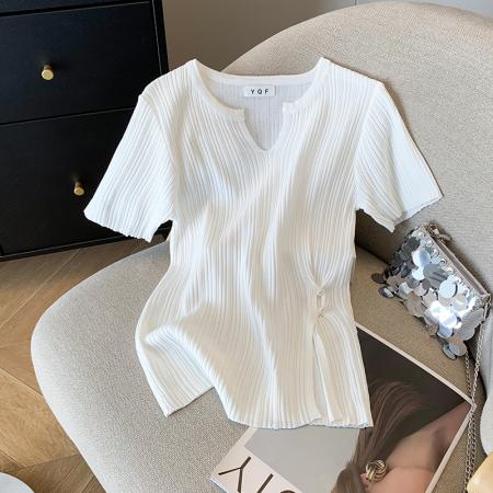 BY12708# 大货夏季新款设计感修身款纯欲风短袖T恤冰丝针织衫女 服裝批發女裝批發服飾貨源