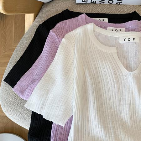 BY12708# 大货夏季新款设计感修身款纯欲风短袖T恤冰丝针织衫女 服裝批發女裝批發服飾貨源