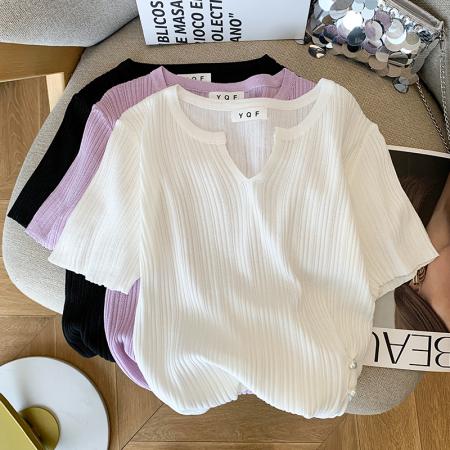 BY12708# 大货夏季新款设计感修身款纯欲风短袖T恤冰丝针织衫女 服裝批發女裝批發服飾貨源