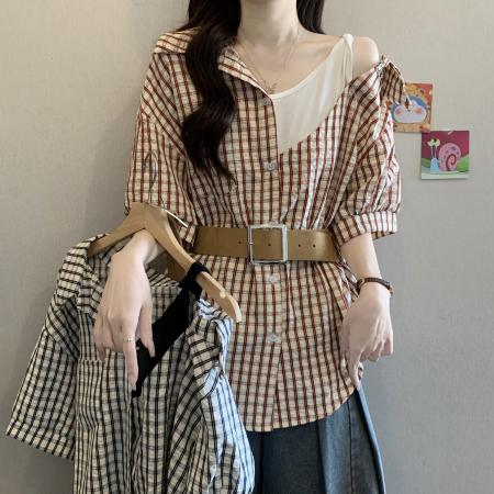 设计感假两件格子拼接衬衫女夏大码胖MM收腰显瘦气质百搭露肩上衣 服裝批發女裝批發服飾貨源