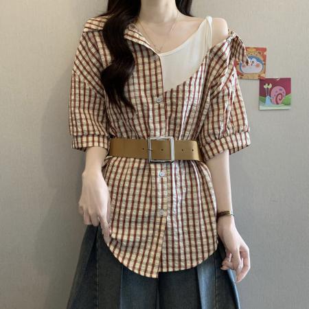 BY12710# 设计感假两件格子拼接衬衫女夏大码胖MM收腰显瘦气质百搭露肩上衣 服裝批發女裝批發服飾貨源