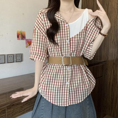 BY12710# 设计感假两件格子拼接衬衫女夏大码胖MM收腰显瘦气质百搭露肩上衣 服裝批發女裝批發服飾貨源