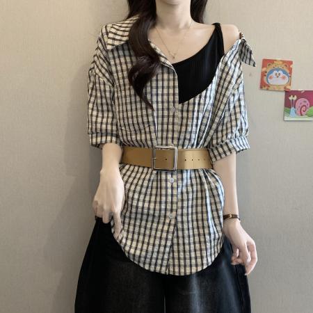 BY12710# 设计感假两件格子拼接衬衫女夏大码胖MM收腰显瘦气质百搭露肩上衣 服裝批發女裝批發服飾貨源
