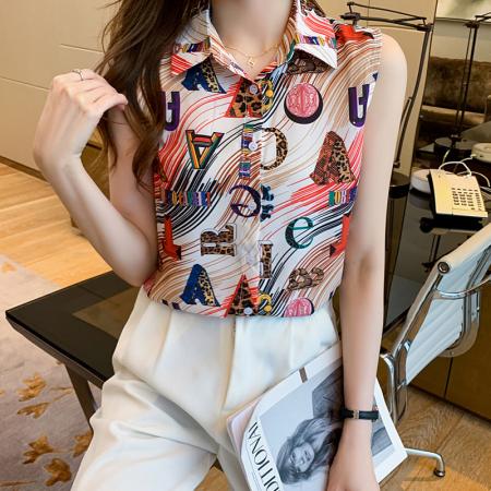 BY12712# 洋气夏季涂鸦坎肩透气背心女外穿衬衫无袖雪纺打底衫内搭上衣 服裝批發女裝批發服飾貨源