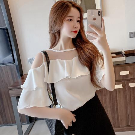 圆领纯色网纱雪纺衫短袖五分袖宽松上衣女夏超仙洋气小衫 服裝批發女裝批發服飾貨源