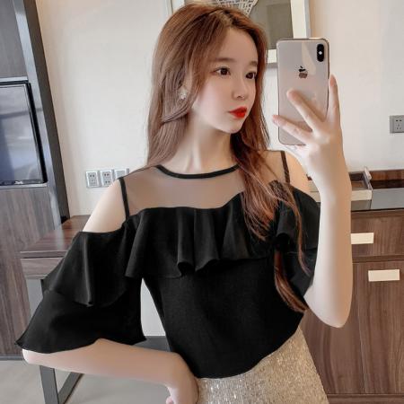 圆领纯色网纱雪纺衫短袖五分袖宽松上衣女夏超仙洋气小衫 服裝批發女裝批發服飾貨源