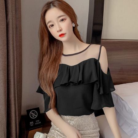 圆领纯色网纱雪纺衫短袖五分袖宽松上衣女夏超仙洋气小衫 服裝批發女裝批發服飾貨源