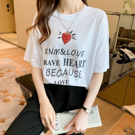 设计感爱心短袖t恤chi港风女夏季宽松中长款百搭开衩纯棉半袖 服裝批發女裝批發服飾貨源