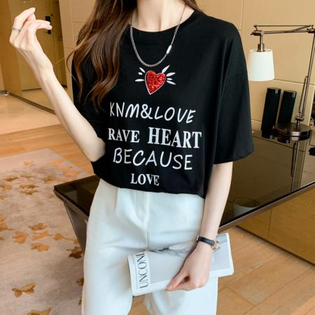 BY12716# 设计感爱心短袖t恤chi港风女夏季宽松中长款百搭开衩纯棉半袖 服裝批發女裝批發服飾貨源