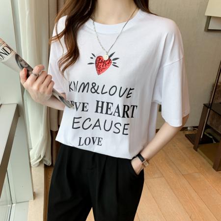 BY12716# 设计感爱心短袖t恤chi港风女夏季宽松中长款百搭开衩纯棉半袖 服裝批發女裝批發服飾貨源