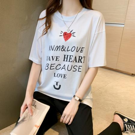 BY12716# 设计感爱心短袖t恤chi港风女夏季宽松中长款百搭开衩纯棉半袖 服裝批發女裝批發服飾貨源
