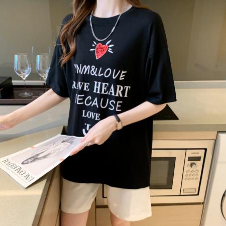 BY12716# 设计感爱心短袖t恤chi港风女夏季宽松中长款百搭开衩纯棉半袖 服裝批發女裝批發服飾貨源