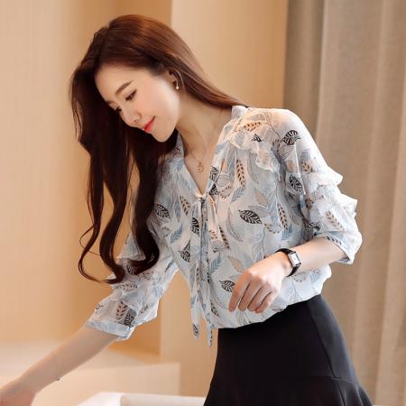 洋气雪纺衫衬衫女夏装新款短袖打底衫小衫韩版碎花露肩上衣 服裝批發女裝批發服飾貨源