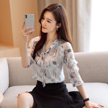 洋气雪纺衫衬衫女夏装新款短袖打底衫小衫韩版碎花露肩上衣 服裝批發女裝批發服飾貨源
