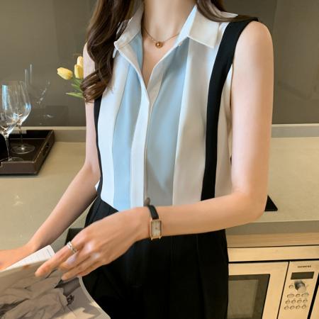 洋气夏季撞色坎肩背心女外穿衬衫无袖雪纺打底衫内搭上衣 服裝批發女裝批發服飾貨源