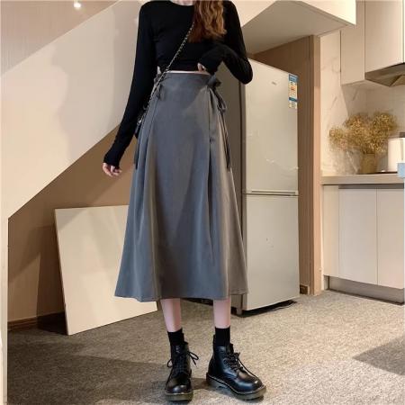 灰色半身裙巨好看的女中长小众小个子裙子a字春季轻熟通勤长裙夏 服裝批發女裝批發服飾貨源