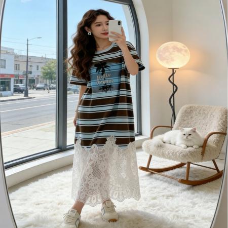 BY12722# 蕾丝拼接蓝色条纹连衣裙夏新款休闲流行爆款假两件针织连衣裙 服裝批發女裝批發服飾貨源
