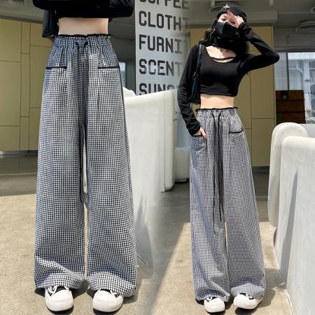 时尚格子休闲裤女高腰显瘦设计感直筒阔腿长裤 服裝批發女裝批發服飾貨源