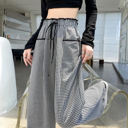 时尚格子休闲裤女高腰显瘦设计感直筒阔腿长裤 服裝批發女裝批發服飾貨源