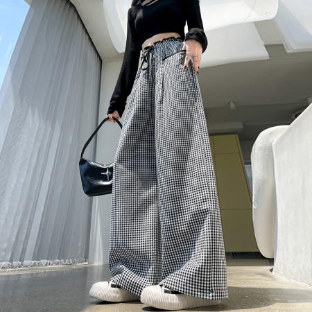 时尚格子休闲裤女高腰显瘦设计感直筒阔腿长裤 服裝批發女裝批發服飾貨源
