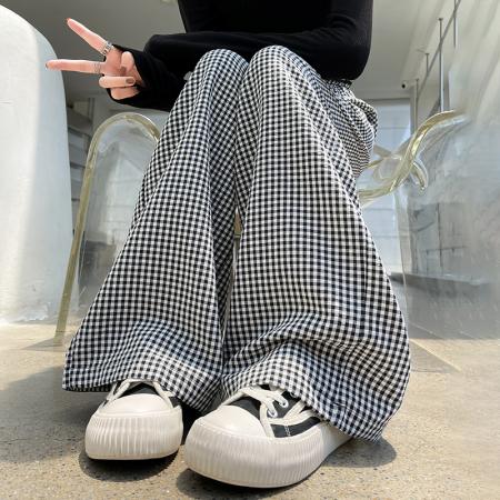 时尚格子休闲裤女高腰显瘦设计感直筒阔腿长裤 服裝批發女裝批發服飾貨源