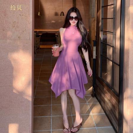 BY12725# 挂脖圆领无袖连衣裙收腰包臀纯欲风小众长裙 服裝批發女裝批發服飾貨源