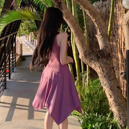 BY12725# 挂脖圆领无袖连衣裙收腰包臀纯欲风小众长裙 服裝批發女裝批發服飾貨源