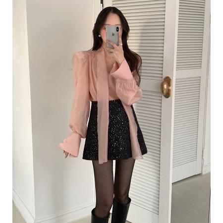 BY12727# 韩国chic早春气质V领飘带百搭上衣 服裝批發女裝批發服飾貨源