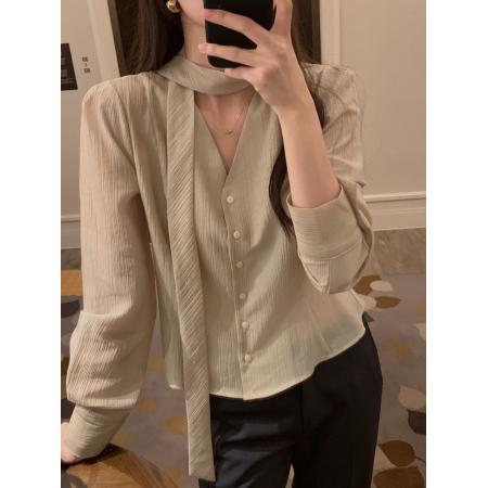 韩国chic早春气质V领飘带衬衣上衣女 服裝批發女裝批發服飾貨源