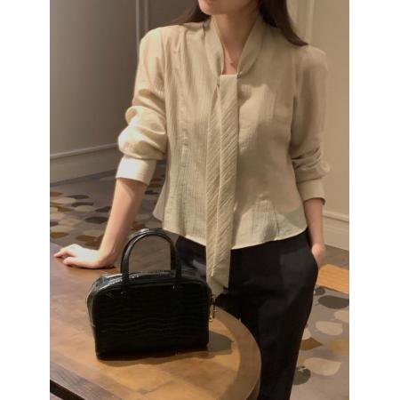 韩国chic早春气质V领飘带衬衣上衣女 服裝批發女裝批發服飾貨源