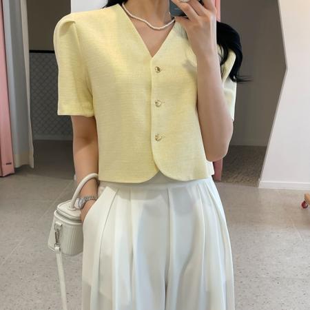 韩国chic气质V领粗纺小香风别致心型纽扣上衣外套 服裝批發女裝批發服飾貨源